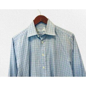 Charles Tyrwhitt Button-Down Shirt Slim Fit Cotton Light Blue Checks Size 15.5 /